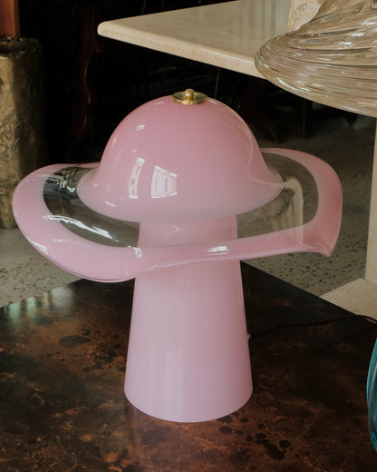 PINK MURANO GLASS TABLE LAMP w. CLEAR SHADE DETAIL