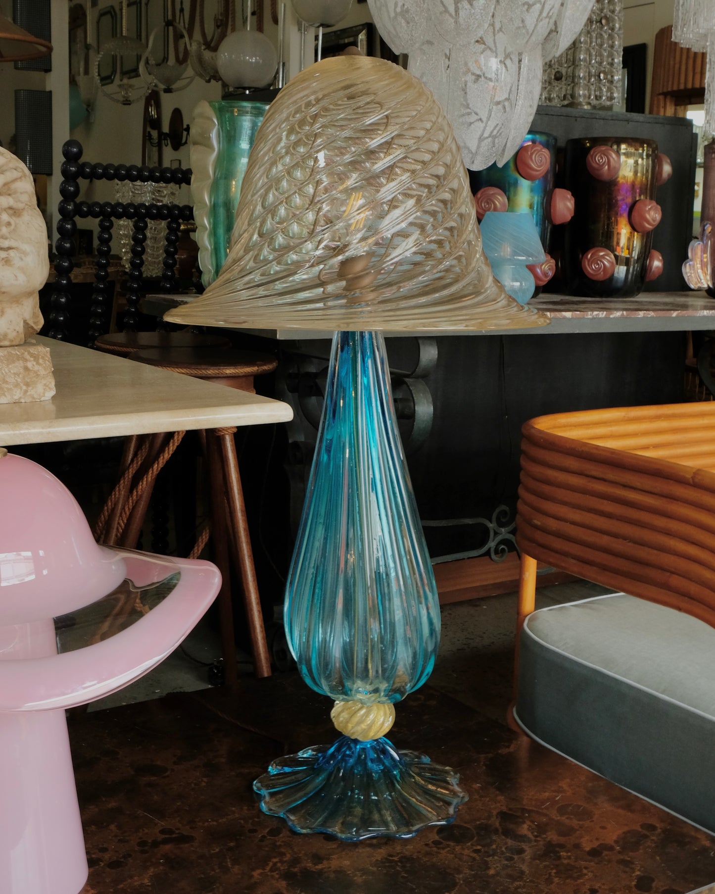 LARGE BLUE & GOLD LINED MURANO GLASS LAMP