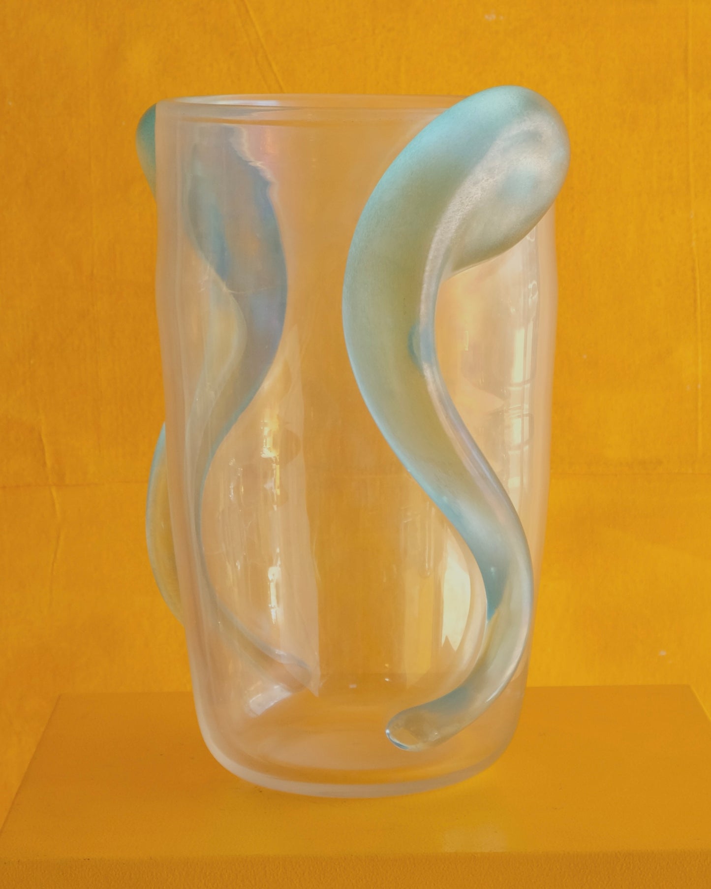 CLEAR MURANO VASE w. BLUE APPLIED SWIRLS