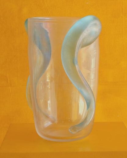 CLEAR MURANO VASE w. BLUE APPLIED SWIRLS