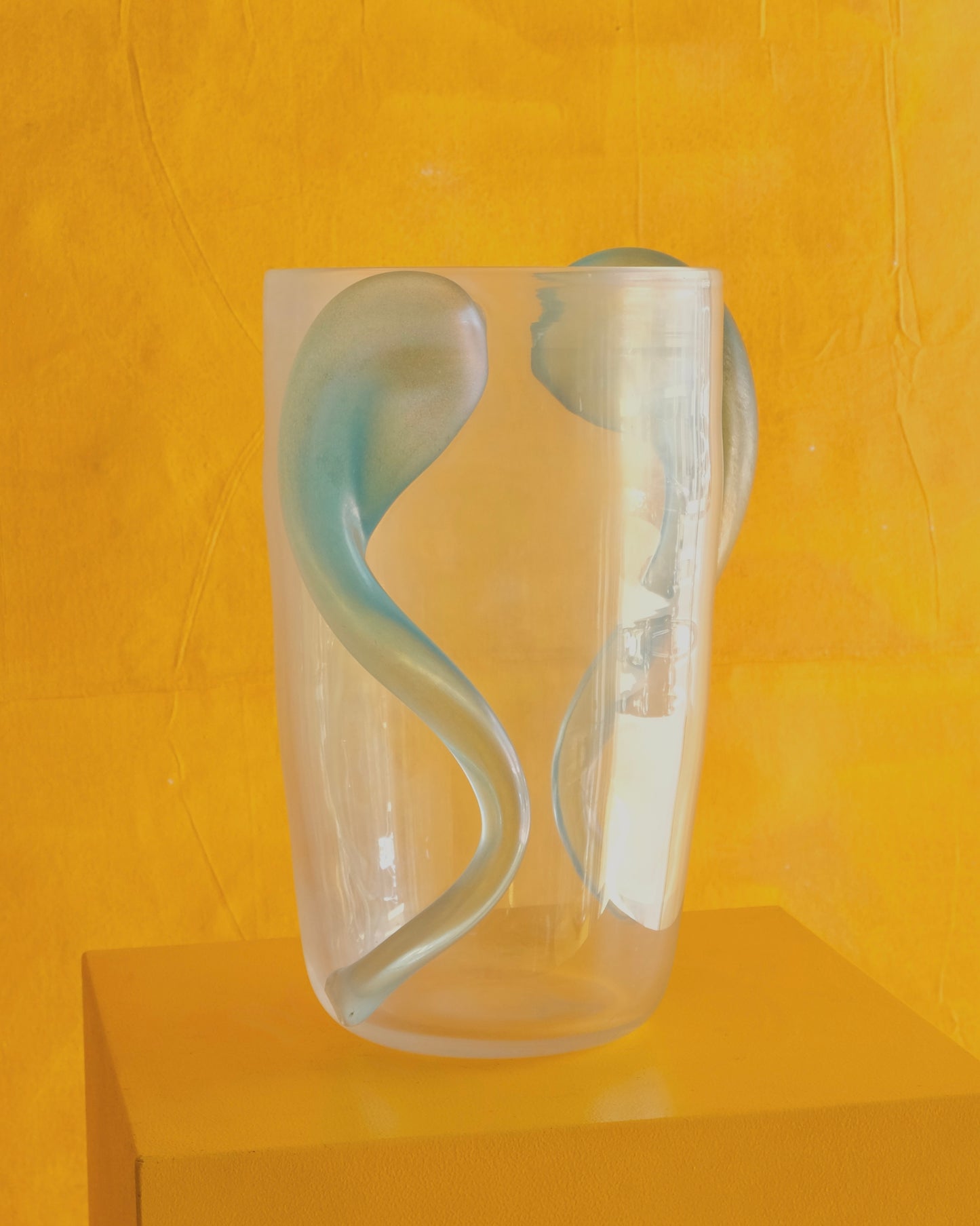 CLEAR MURANO VASE w. BLUE APPLIED SWIRLS