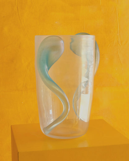 CLEAR MURANO VASE w. BLUE APPLIED SWIRLS