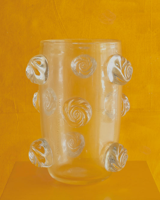 PAIR OF AMBER WASH MURANO VASES w. APPLIED CLEAR SWIRLS