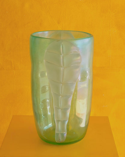 GREEN IRIDESCENT MURANO GLASS VASE w. TWIN LEAF DETAIL