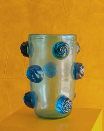SINGLE BLUE MURANO VASE w. APPLIED SWIRLS