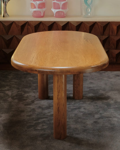 SPANISH OAK CYLINDRICAL TRI LEG DINING TABLE
