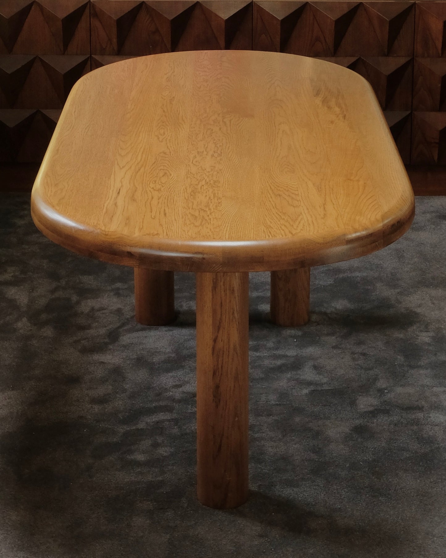 SPANISH OAK CYLINDRICAL TRI LEG DINING TABLE
