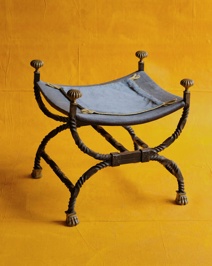 TWISTED WROUGHT IRON CURULE STOOL w. BRASS DETAIL