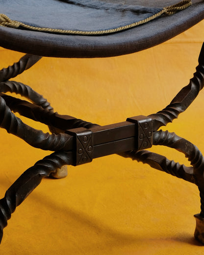 TWISTED WROUGHT IRON CURULE STOOL w. BRASS DETAIL