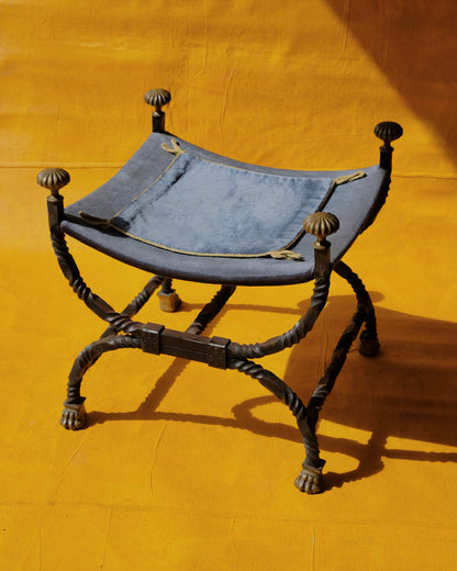 TWISTED WROUGHT IRON CURULE STOOL w. BRASS DETAIL