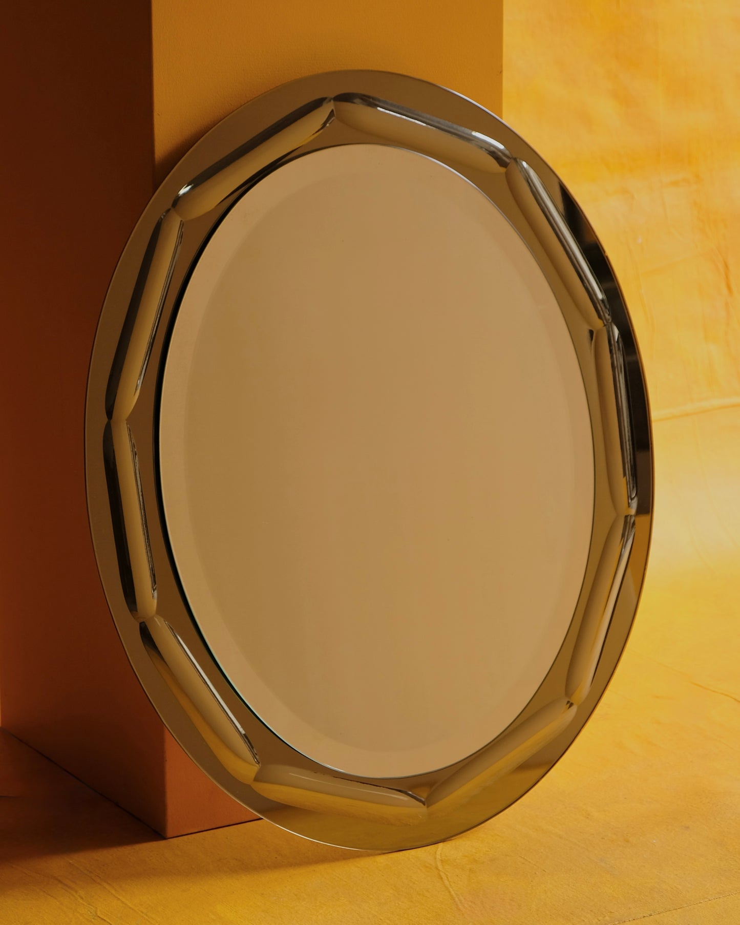 FONTANA ARTE GREY GLASS BEVELLED BUBBLE FRAMED MIRROR