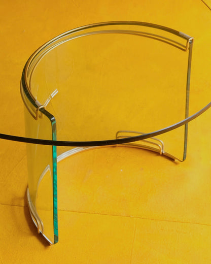 CURVED GLASS ADAM COFFEE TABLE w. BRASS DETAIL