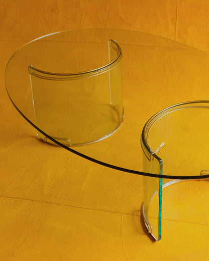 CURVED GLASS ADAM COFFEE TABLE w. BRASS DETAIL