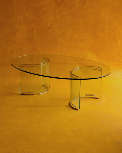 CURVED GLASS ADAM COFFEE TABLE w. BRASS DETAIL