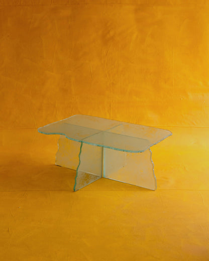HAND CARVED GLASS CROSS BASED COFFEE TABLE