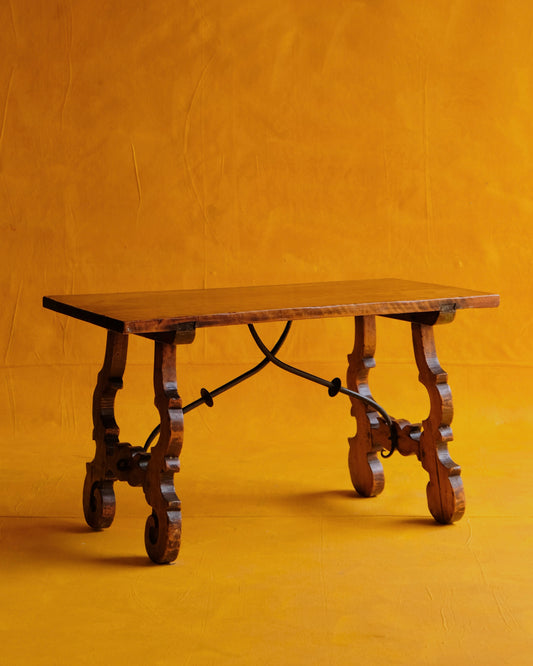 SMALL SPANISH SIDE TABLE w. FORGED IRON TRESTLE LEG