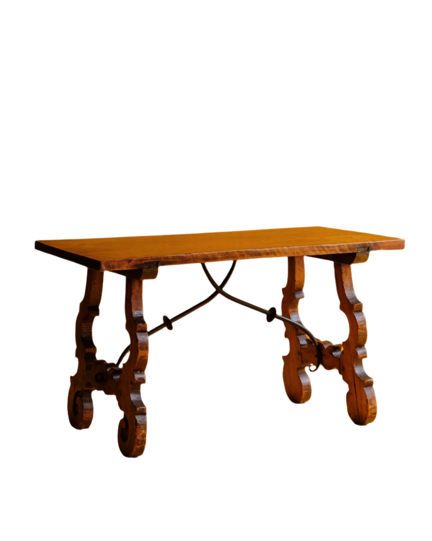 SMALL SPANISH SIDE TABLE w. FORGED IRON TRESTLE LEG
