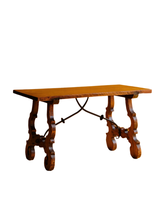 SMALL SPANISH SIDE TABLE w. FORGED IRON TRESTLE LEG