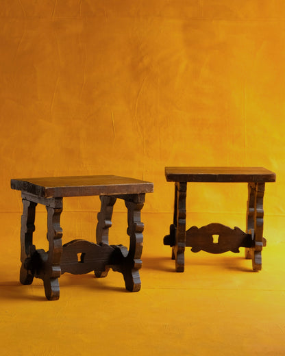 PAIR OF INTERLOCKING SPANISH WALNUT SIDE TABLES