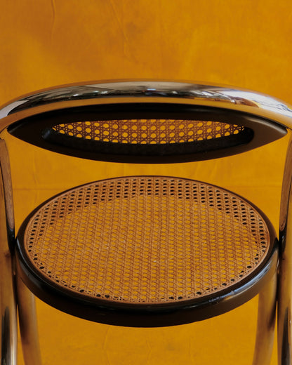 SET OF EIGHT CURVED CHROME & RATTAN CHAIRS