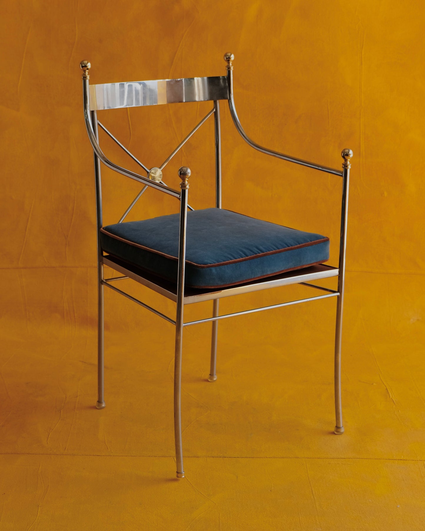 SINGLE CHROME CROSS BACK DINING CHAIR w. BRASS DETAIL