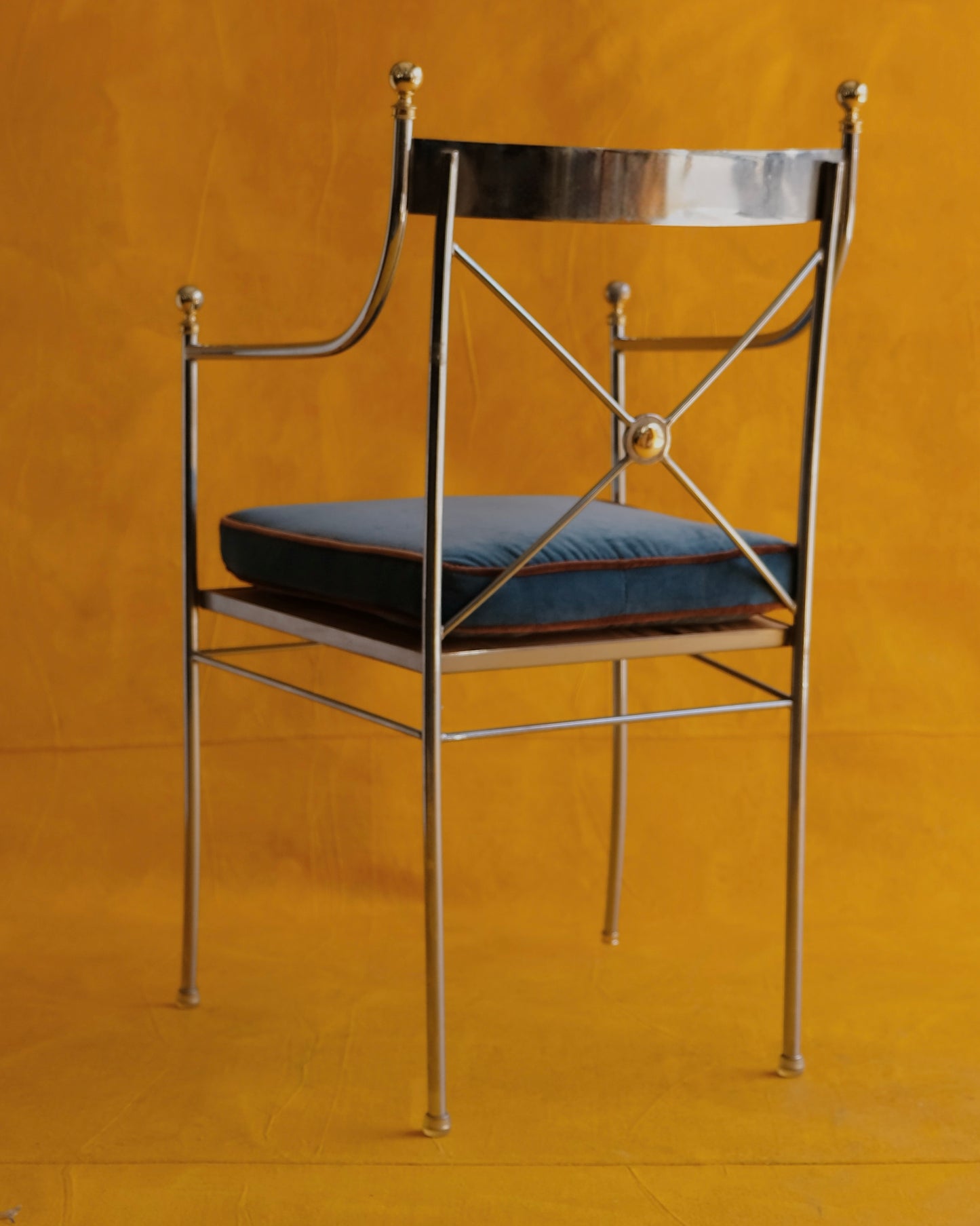 SINGLE CHROME CROSS BACK DINING CHAIR w. BRASS DETAIL