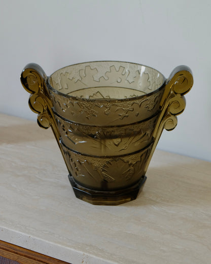 VERLYS LES ALGUES SMOKED GLASS VASE w. FLOWER FROG