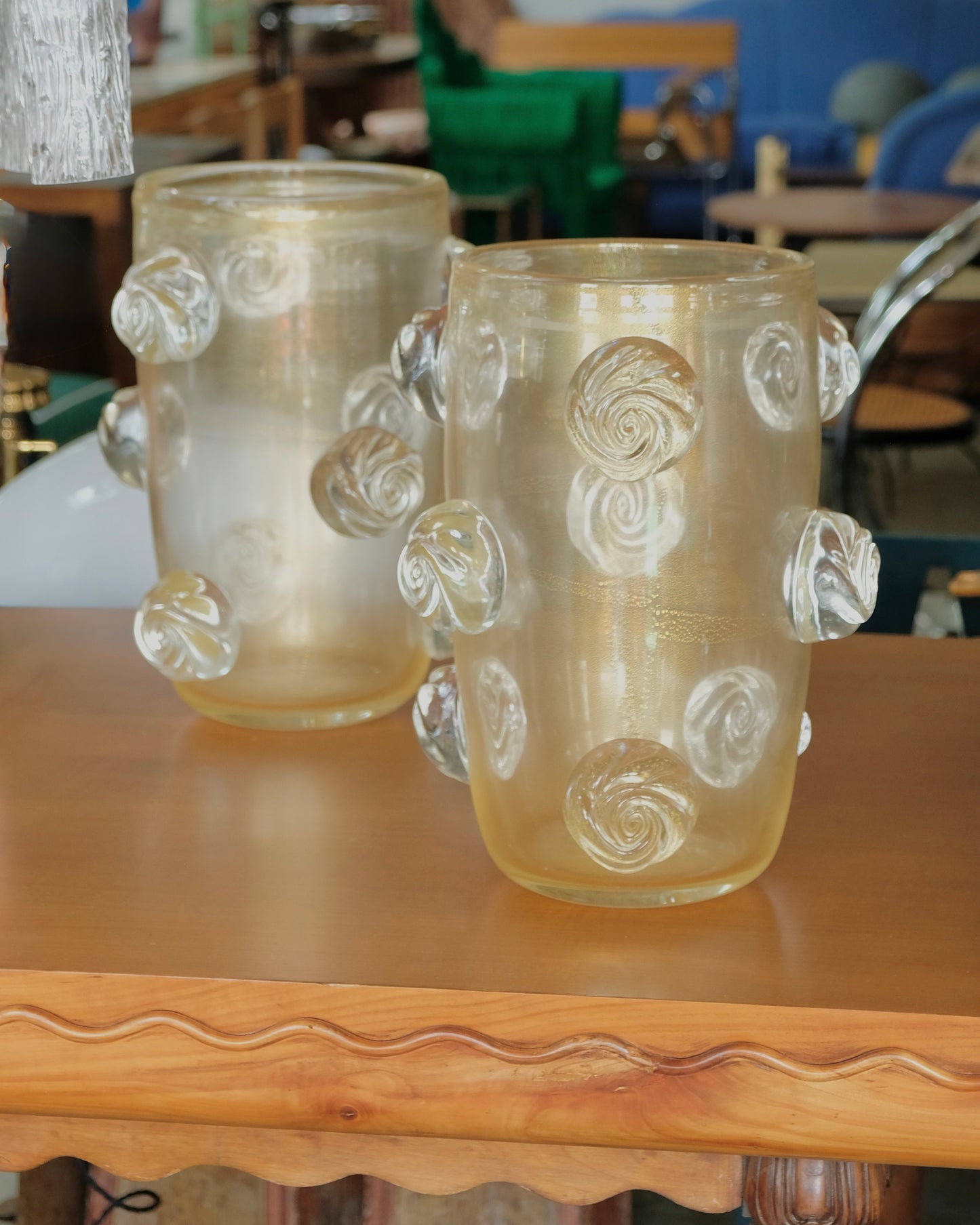 PAIR OF AMBER WASH MURANO VASES w. APPLIED CLEAR SWIRLS