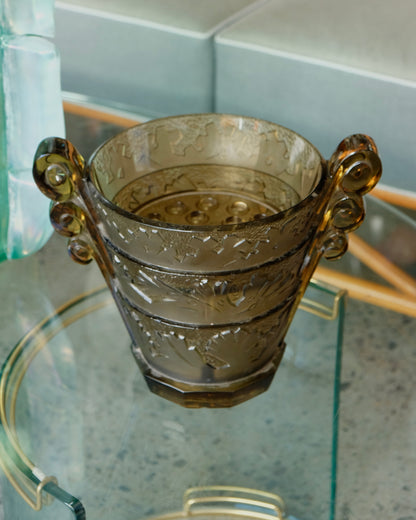 VERLYS LES ALGUES SMOKED GLASS VASE w. FLOWER FROG