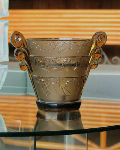 VERLYS LES ALGUES SMOKED GLASS VASE w. FLOWER FROG
