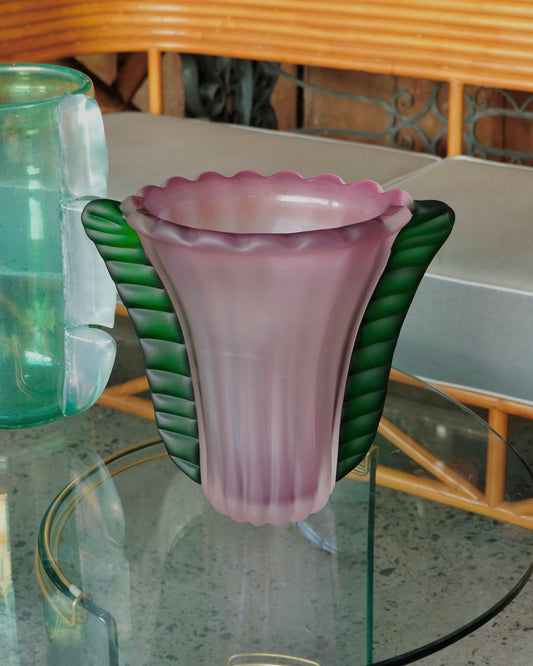 TAPERED ROSE ART GLASS VASE w. GREEN FIN DETAIL