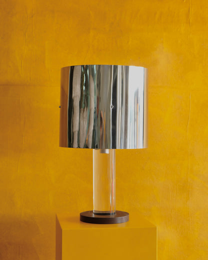 CHROME GUZZINI TABLE LAMP w. WALNUT & LUCITE BASE