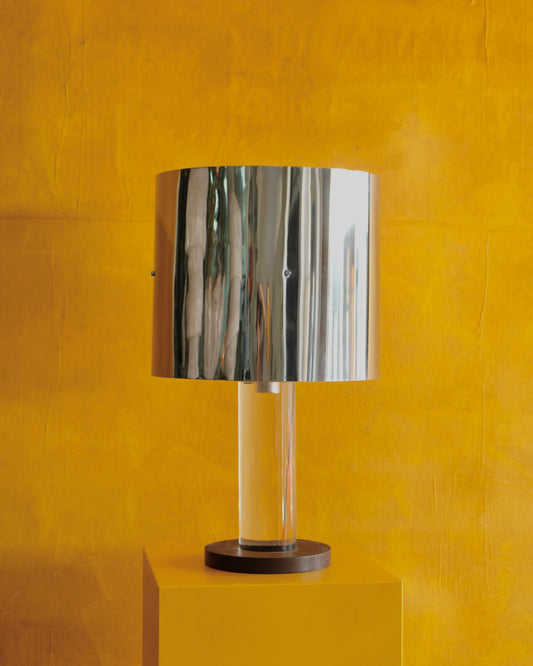 CHROME GUZZINI TABLE LAMP w. WALNUT & LUCITE BASE