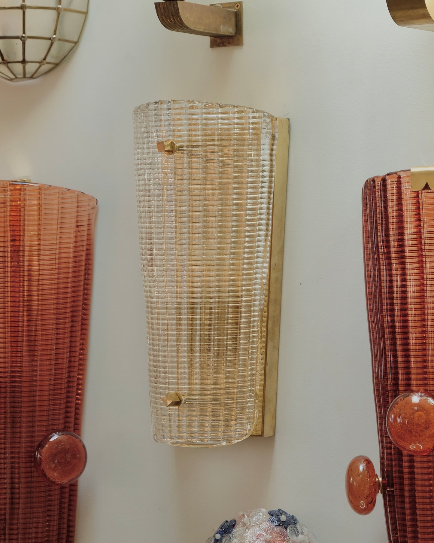 PAIR OF LINED MURANO GLASS SCONCES w. BRASS DETAIL