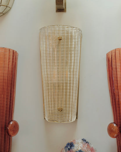 PAIR OF LINED MURANO GLASS SCONCES w. BRASS DETAIL