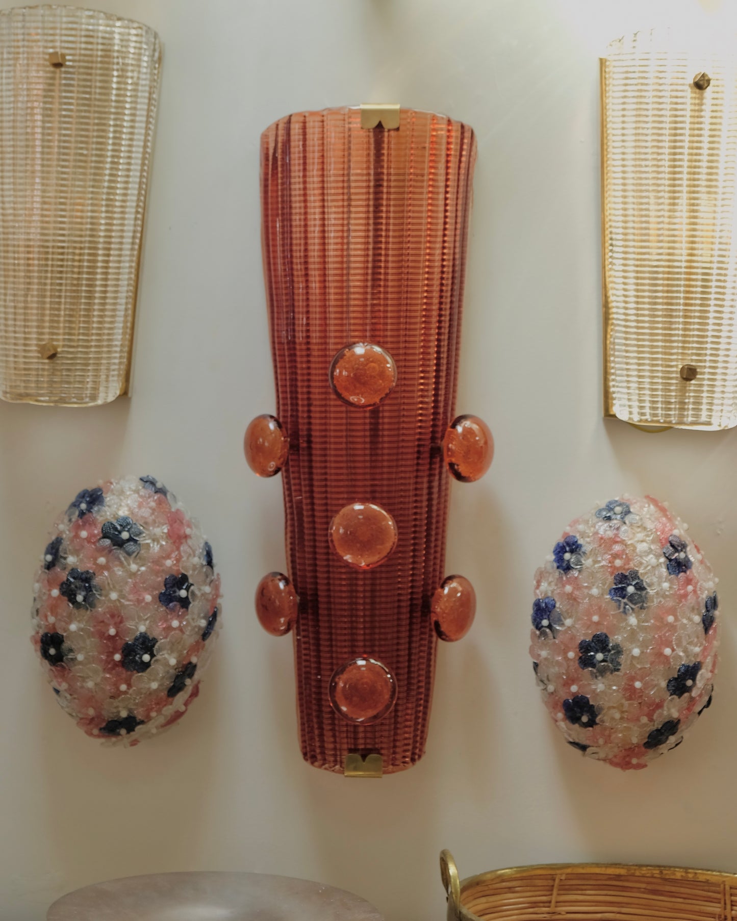 TRIO OF LARGE TANGERINE MURANO GLASS SCONCES w. APPLIED SPOTS