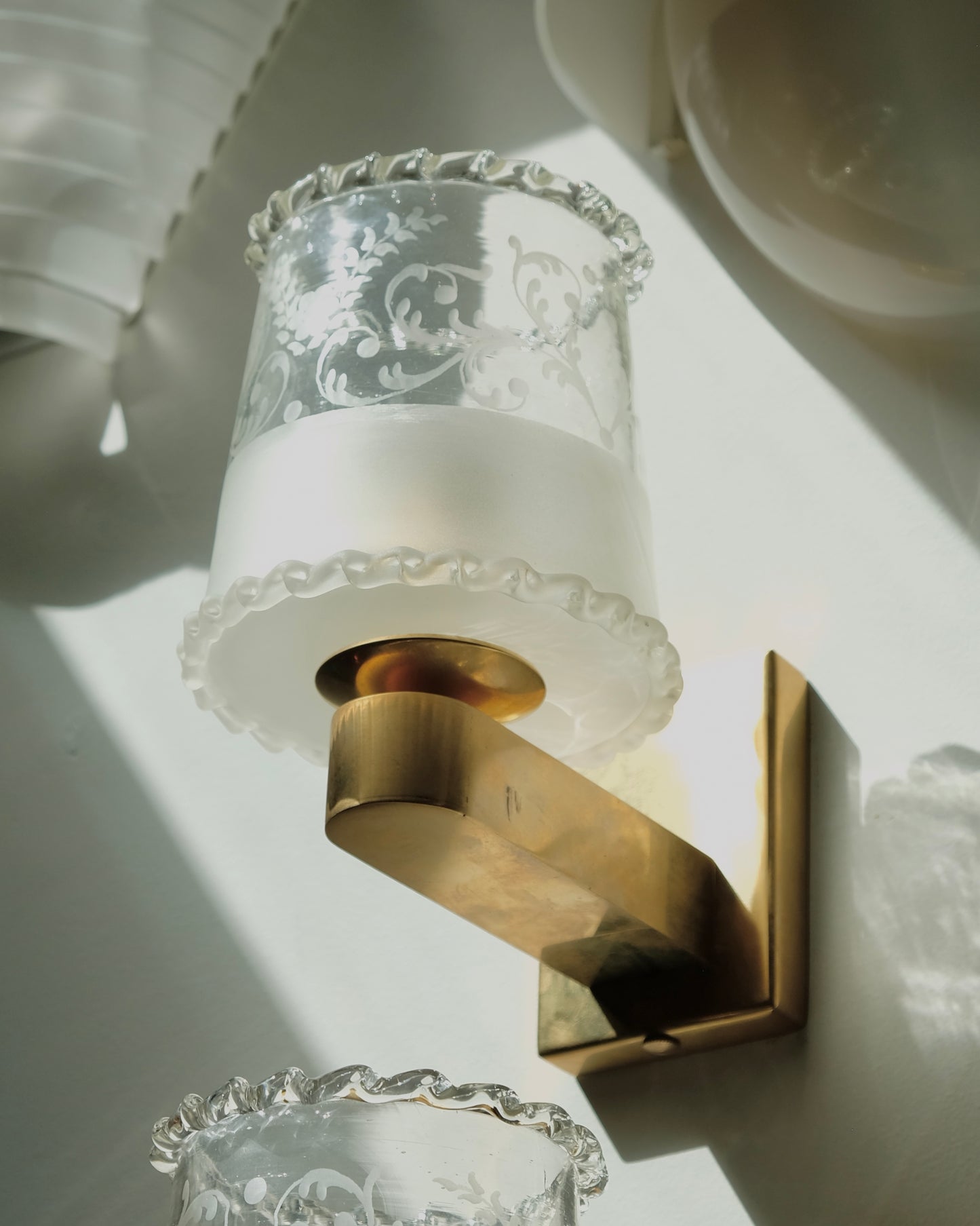 TRIO OF FROSTED MURANO GLASS ETCHED WALL SCONCES