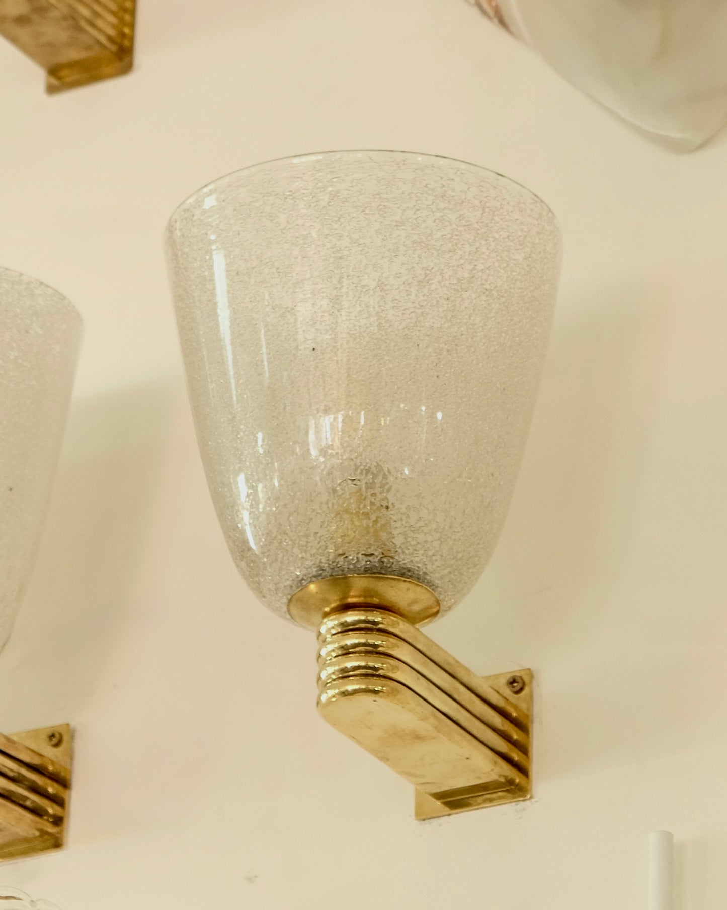 TRIO OF BRASS MOUNT SPECKLED MURANO GLASS SCONCES