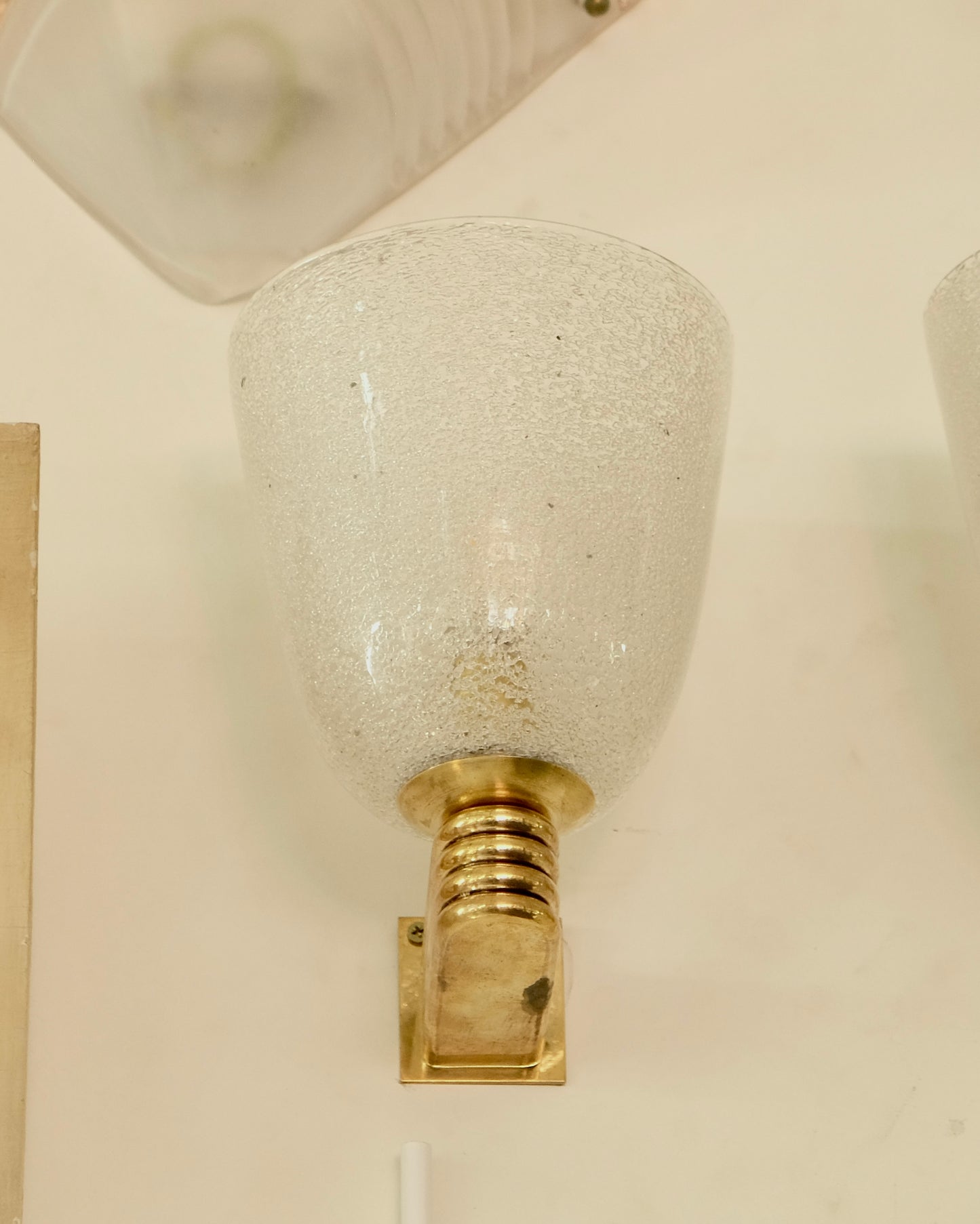 TRIO OF BRASS MOUNT SPECKLED MURANO GLASS SCONCES