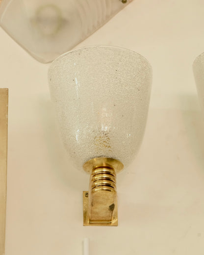 TRIO OF BRASS MOUNT SPECKLED MURANO GLASS SCONCES