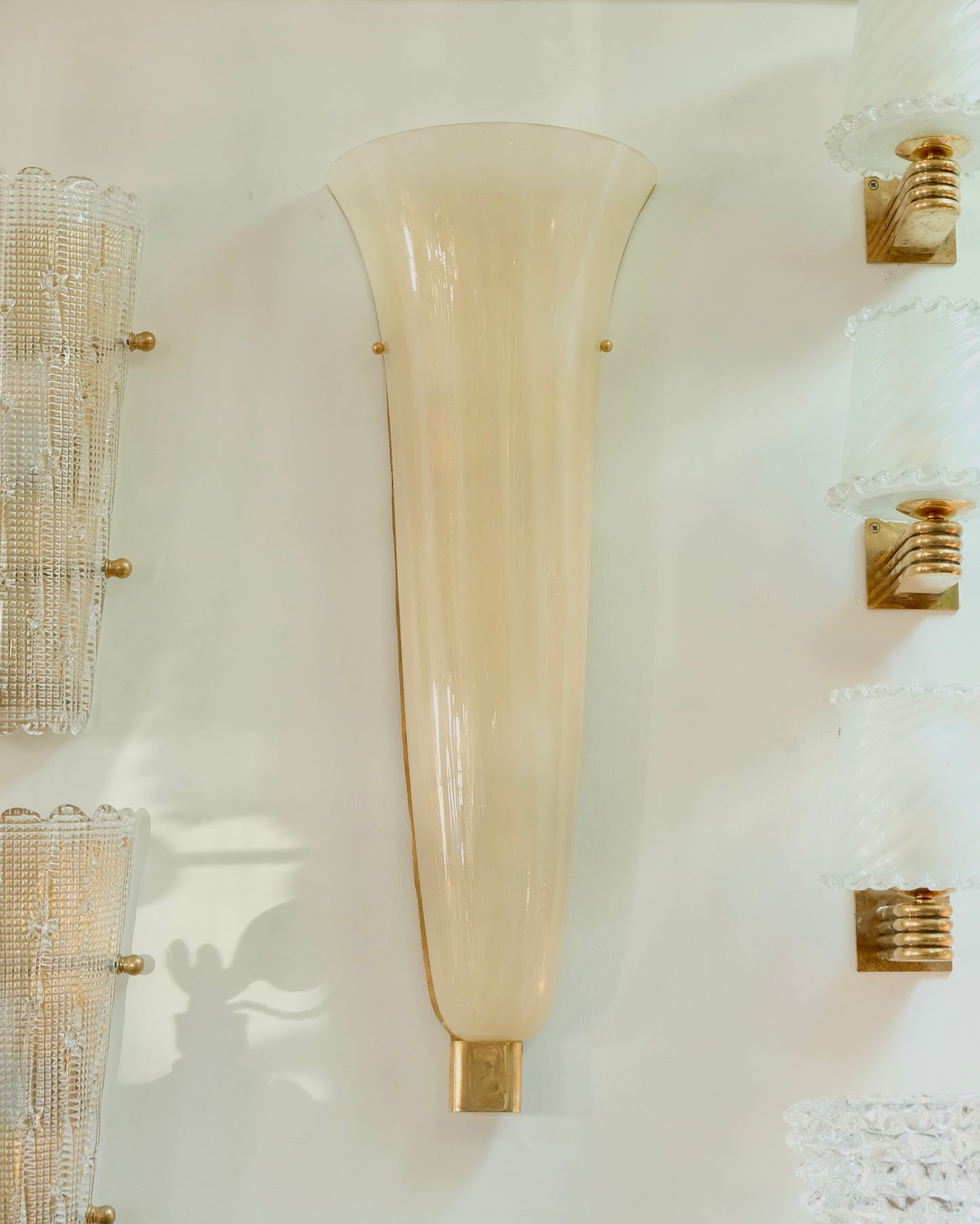 PAIR OF TAPERED AMBER MURANO GLASS OPALINE SCONCES