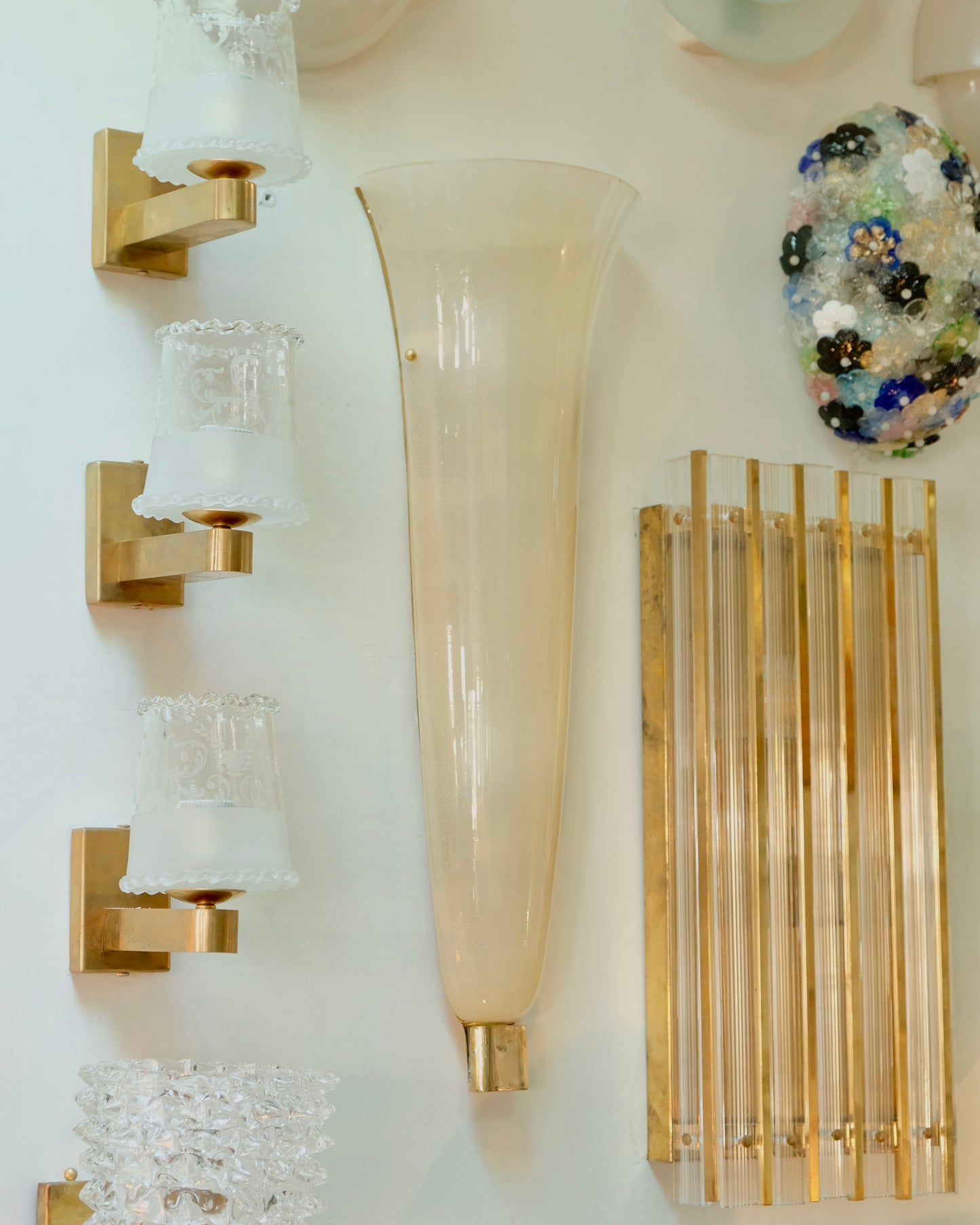PAIR OF TAPERED AMBER MURANO GLASS OPALINE SCONCES