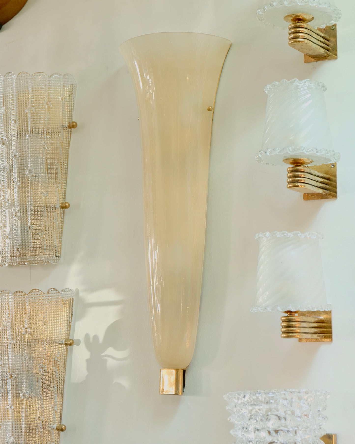 PAIR OF TAPERED AMBER MURANO GLASS OPALINE SCONCES