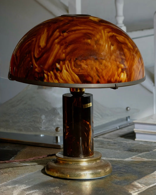 LUCITE & BRASS SIGNED TORTOISESHELL TABLE LAMP