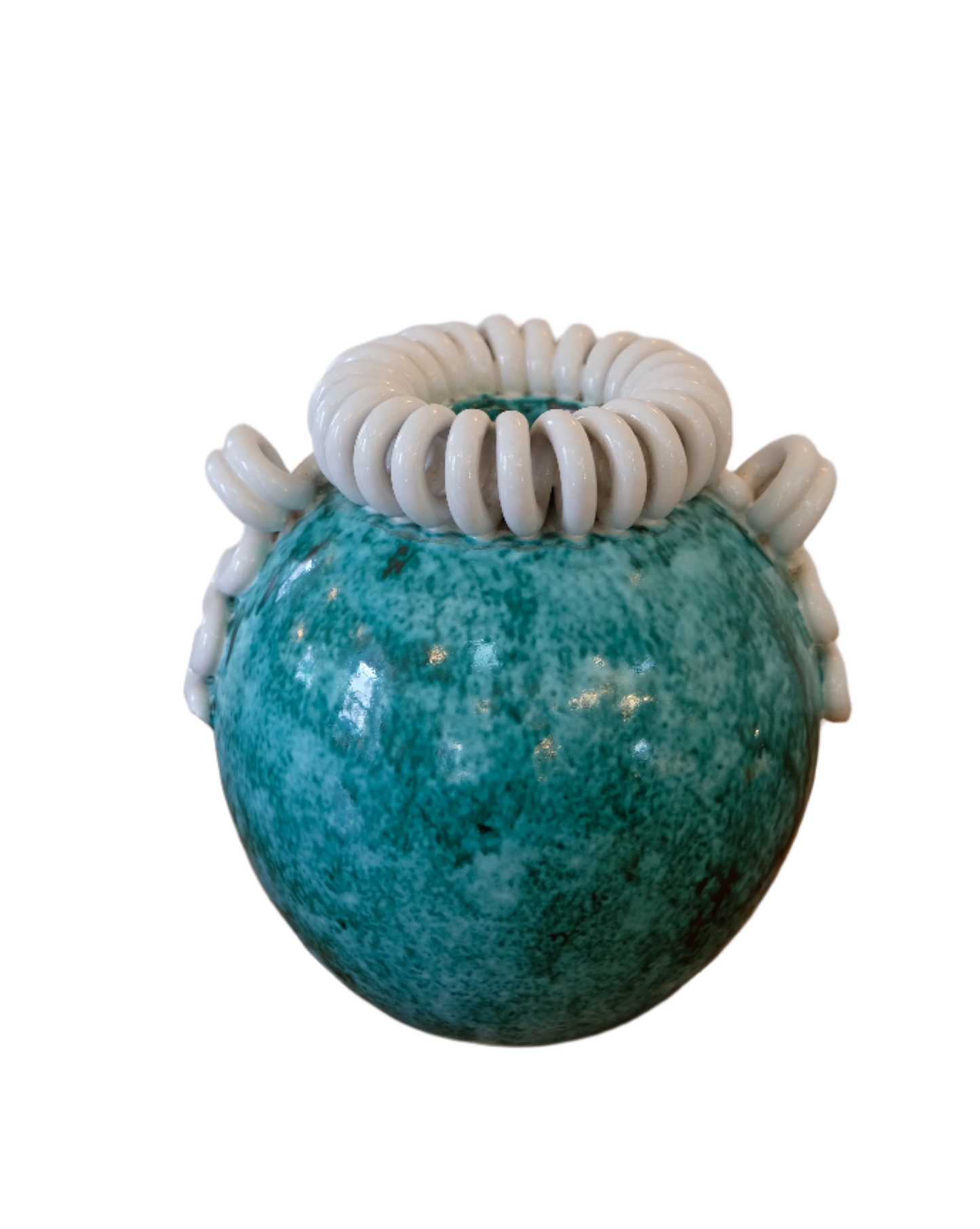 SMALL GREEN CERAMIC VASE w. WHITE RIBBON TOP
