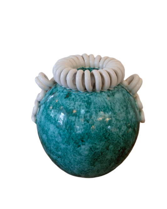 SMALL GREEN CERAMIC VASE w. WHITE RIBBON TOP