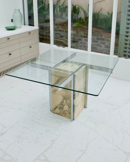 MARBLE & CHROME CROSS BASE DINING TABLE