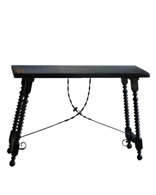 SPANISH EBONIZED CONSOLE w. FORGED IRON TRESTLE LEG