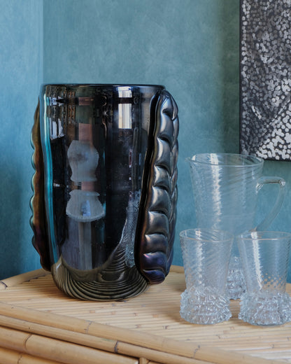 DARK IRIDESCENT MURANO VASE w. LEAF DETAIL