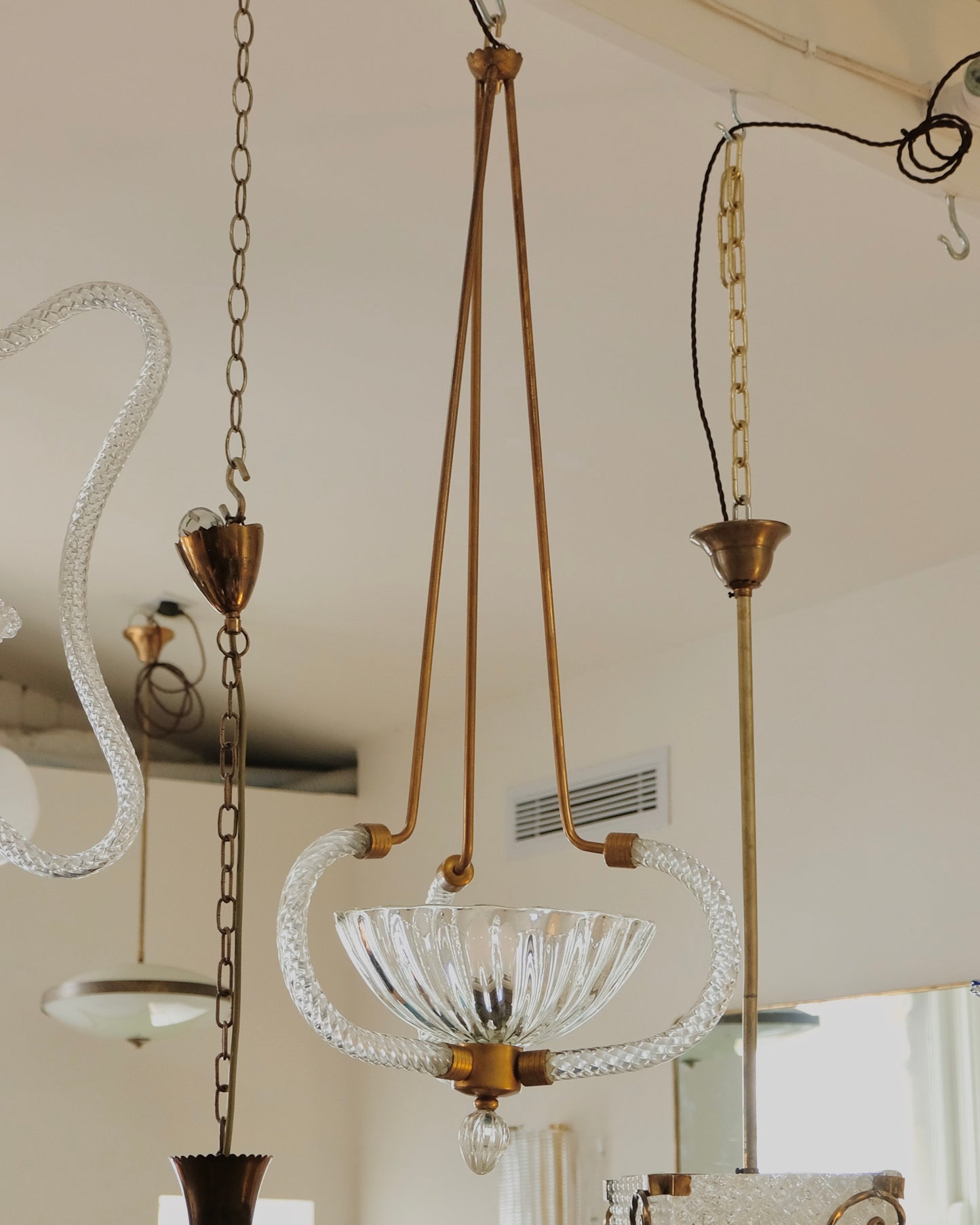 MURANO GLASS TRIO ARMED BRASS PENDANT